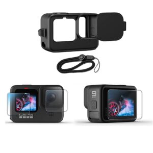 Camera Accessories Kit Silicone Case and 9H Tempered Glass Screen, Lens Protector Compatible with GoPro Hero 9/10/11/12/13(Black)