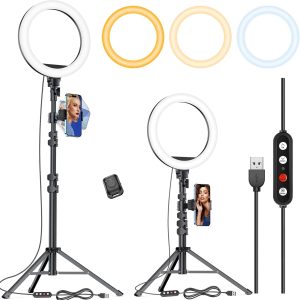 10” Desk Ring Light with Stand & Phone Holder for Computer, LED Selfie Ring Light for Phone Photography, Webcam Light for Laptop/Video Conference Lighting/Makeup/Live Streaming, Black
